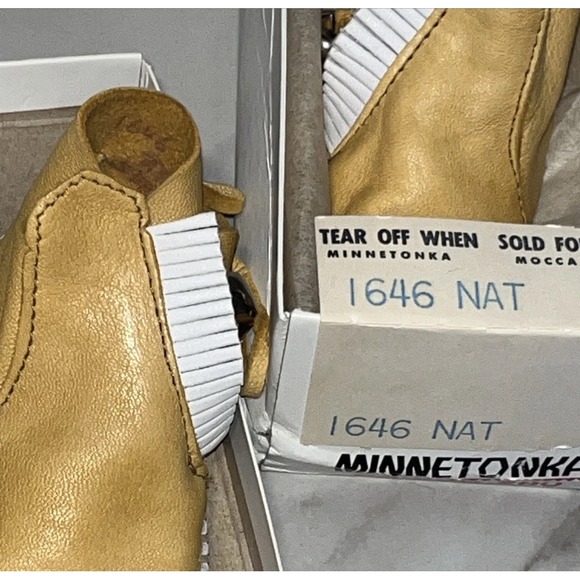 VTG 80s Minnetonka Moccasins Infant Sz 2 Deer Suede w/ Box Leather Crib Shoe EUC - Picture 7 of 10